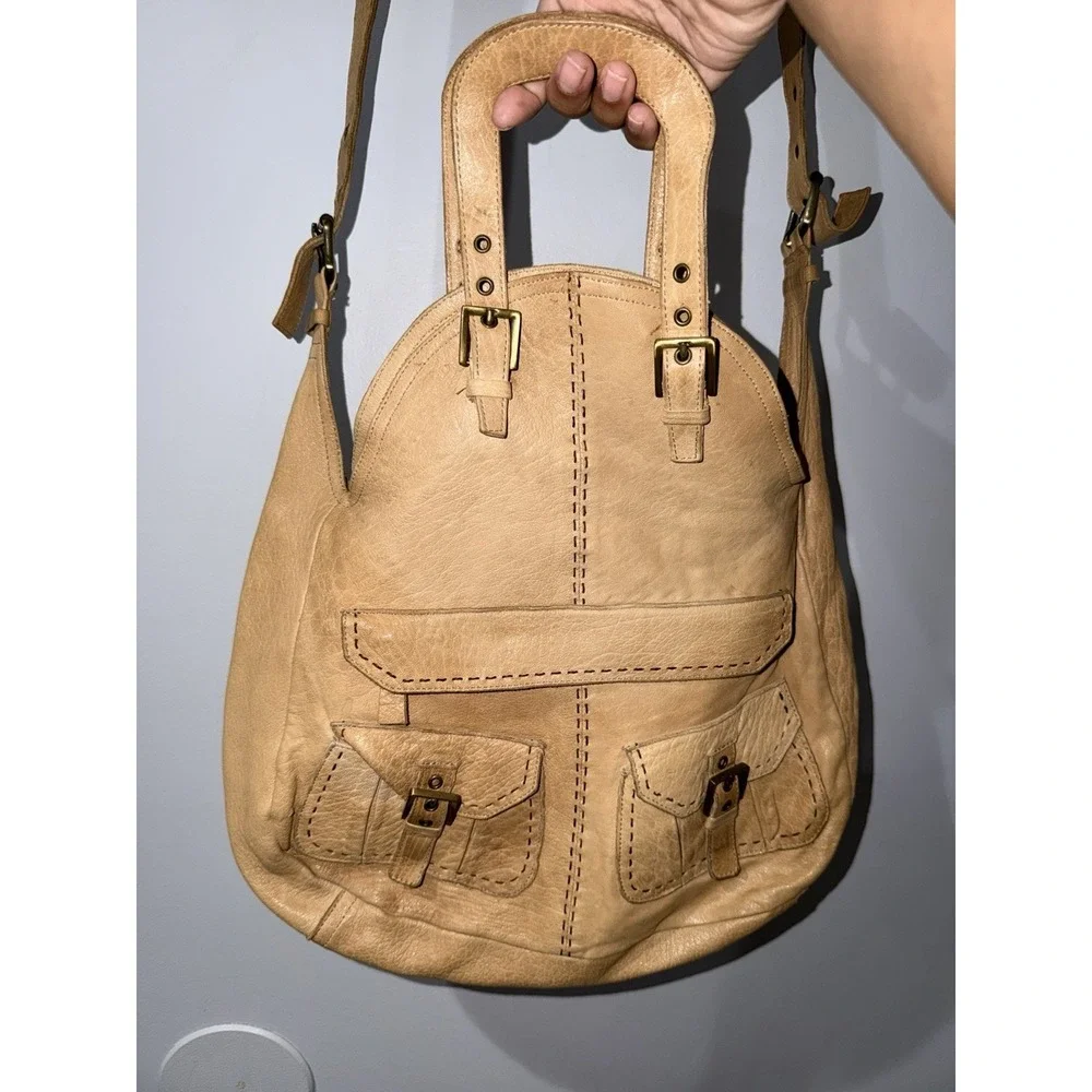 Carla Mancini Tan Smooth Leather Satchel Hobo Shoulder Flap Fold Over Boho Bag F